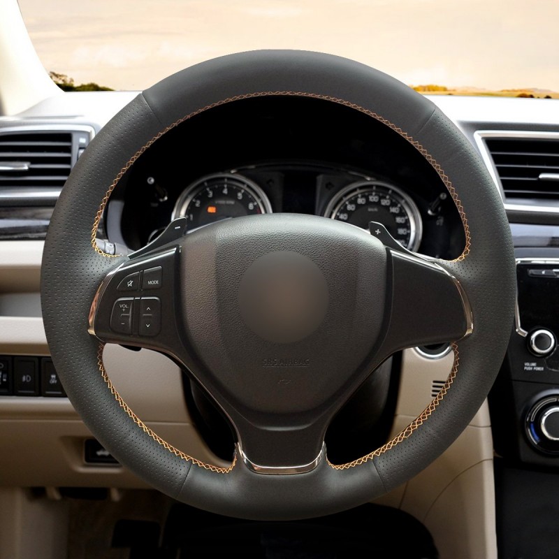 Loncky Auto Custom Fit OEM Black Genuine Leather Steering Wheel Covers for Suzuki Baleno 2016